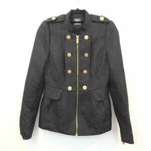 Black Jacquard Military Style Jacket Gold Button Zipper Vince Camuto Size M
